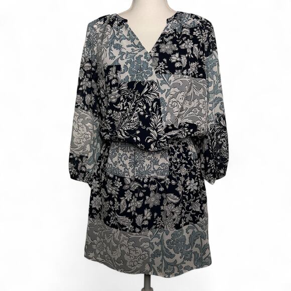 Loft Size Small Boho Paisley Black Gray Blouson Dress Surplice Casual Comfort - Picture 1 of 8